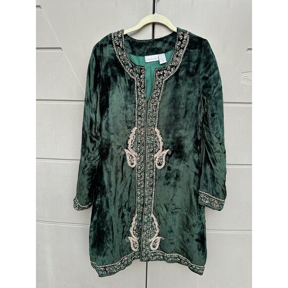 Soft Surroundings Crushed Velvet Embroidered Beaded Jacket Emerald Green Party M - Picture 10 of 11